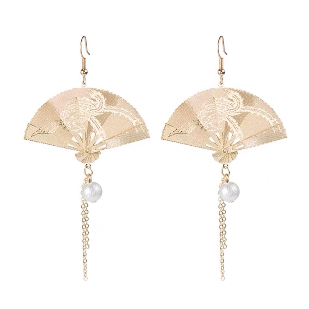 Golden Fan Earrings Antique Asian Art Tassels - Picture 7 of 14